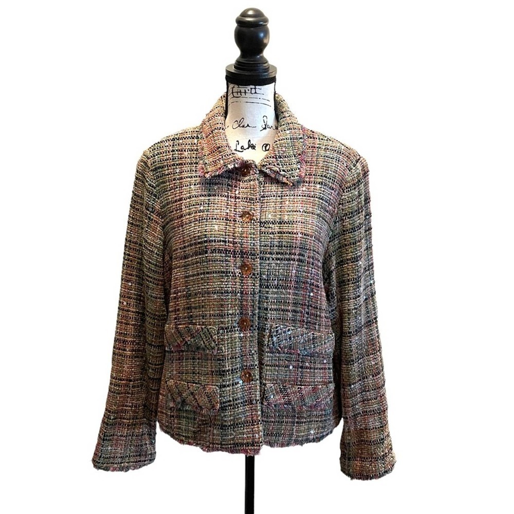 Vintage Y2K Tweed Blazer Jacket Lingenfelter Brill Pink Green Size XL Fringe